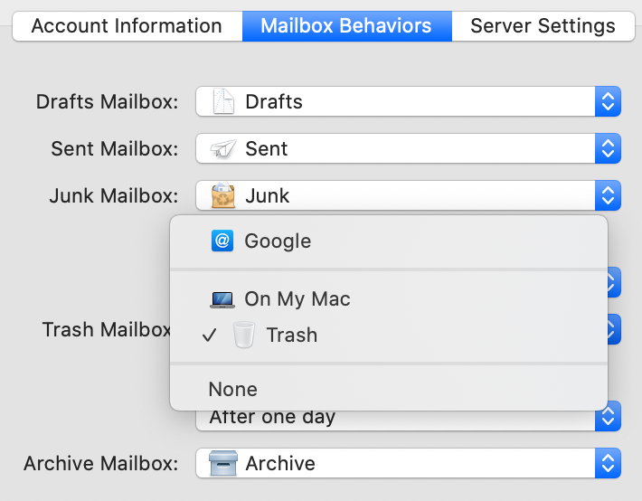 Apple Mail Mailboxes Behaviors Settings Pane