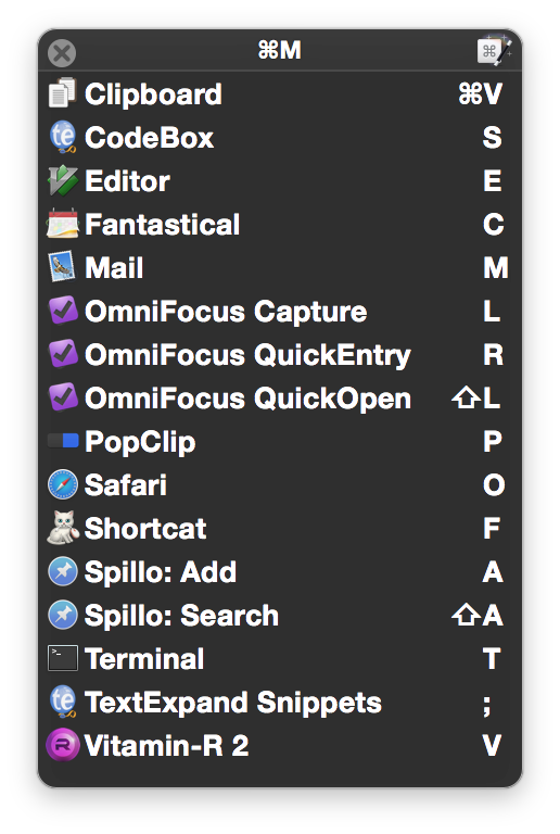 The shortcuts menu shows all available commands and the corresponding keyboard binding.