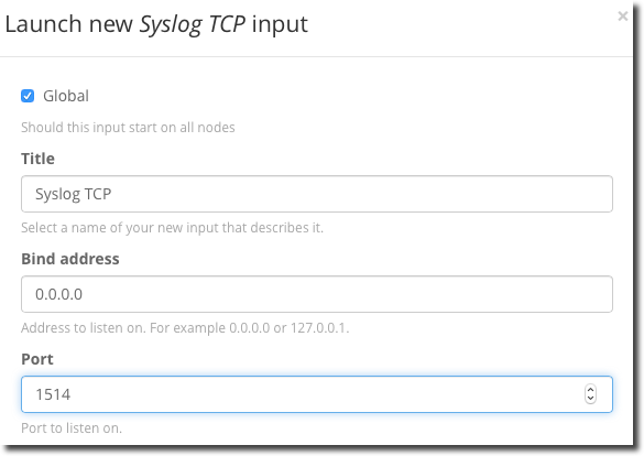 Create Graylog Syslog TCP Input